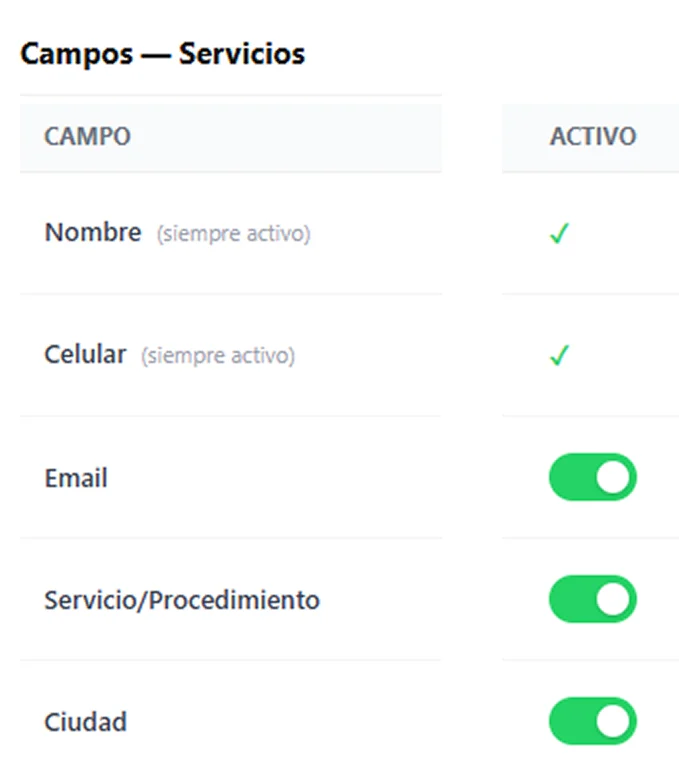 Campos del formulario que se pueden activar o desactivar