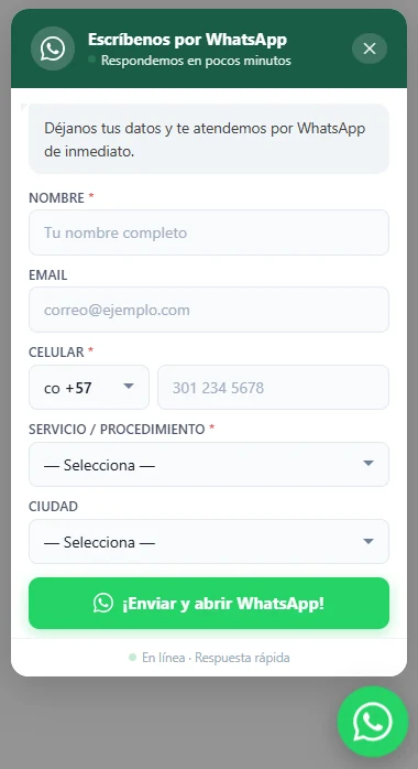 Formulario de DivoChat antes de abrir WhatsApp, con nombre, email, celular, servicio y ciudad